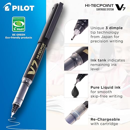 Pilot Pen Hi-techpoint V7 0.7mm Black Colour, Refillable Cartridge System