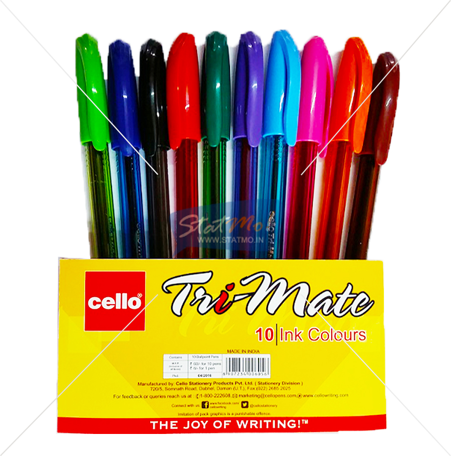 Cello Tri-mate Ball Pen 1mm Assorted 10 Shades (Pack Of 10)