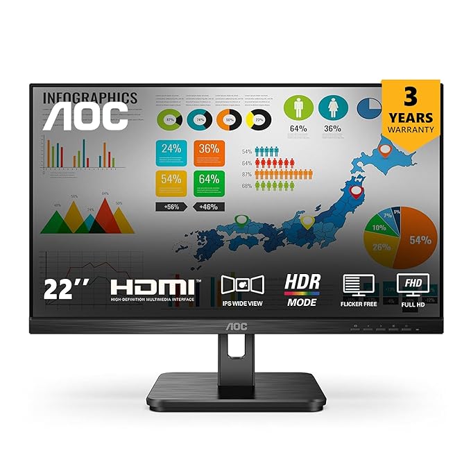 AOC Monitor 22E2H / 21.5 Inch 75Hz 1920x1080 Full HD IPS Panel Resolution