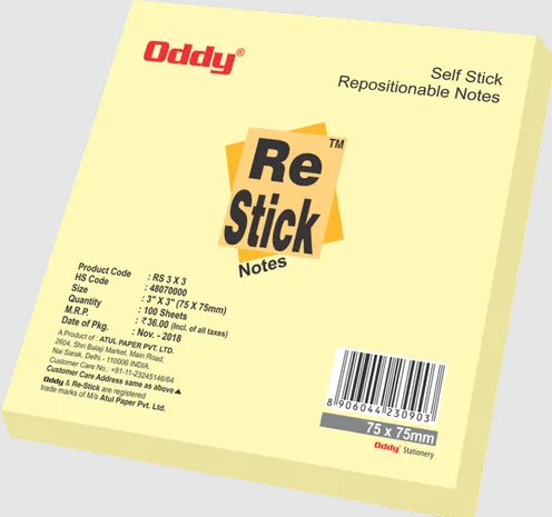 Oddy Sticky Notes 3"x3" (75mmx75mm) Yellow Colour Post IT 100 Sheet 