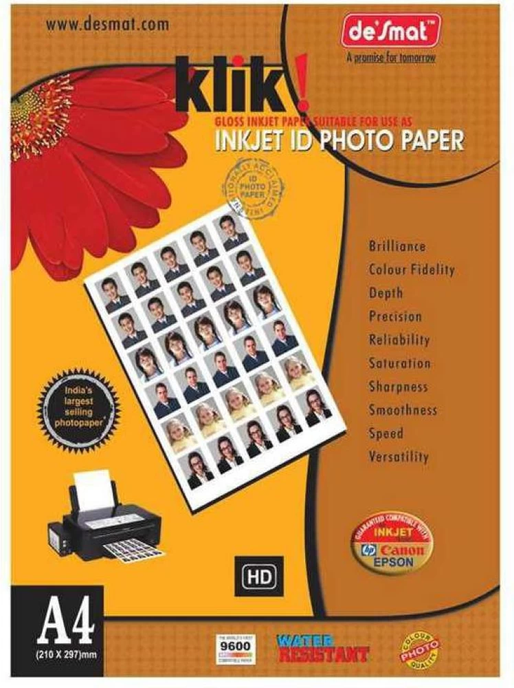 Desmat Klik Inkjet ID Photo Paper Gloss, A4 Size 180 Gsm (Pack of 20)