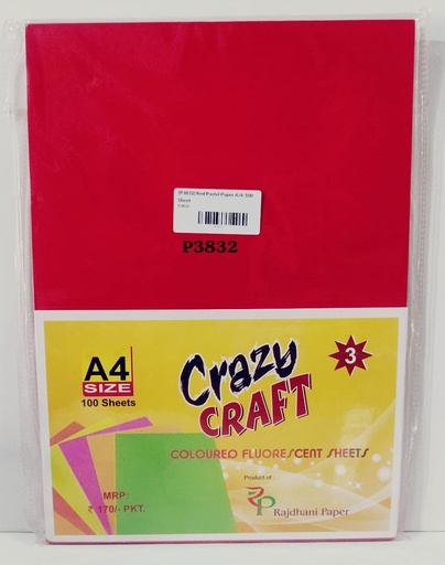 [P3832] Pastel Colour Paper Double Sided, A4 Size, 80 Gsm, Red Colour, (Pack Of 100) Use for Arts / Crafts & Printing. 