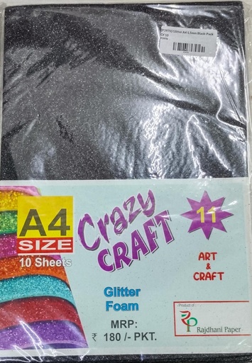 [P3970] Glitter Foam Sheet, A4 Size, Black Colour, (1.5mm Thick -Pack Of 10) For Arts and Crafts, Scrapbooking, DIY Work, Decoration, Gift Wrapping.