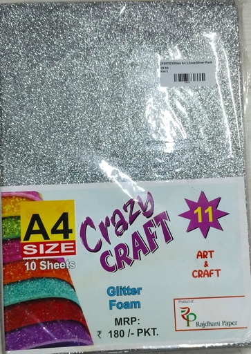[P3973] Glitter Foam Sheet, A4 Size, Silver Colour, (1.5mm Thick -Pack Of 10) For Arts and Crafts, Scrapbooking, DIY Work, Decoration, Gift Wrapping.