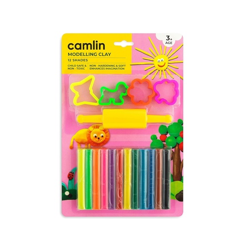 [P5134] Camlin Modelling Clay Assorted 12 Shades (200gm) With Roller Pin & Moulds 